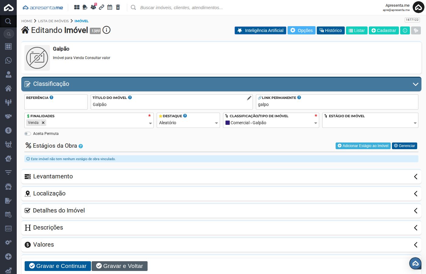 Cadastro do imóvel com botão Inteligência Artificial em destaque