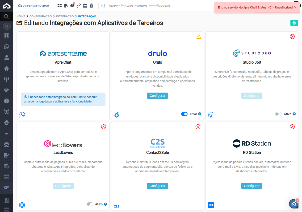 Tela de integrações com Enviador de Leads