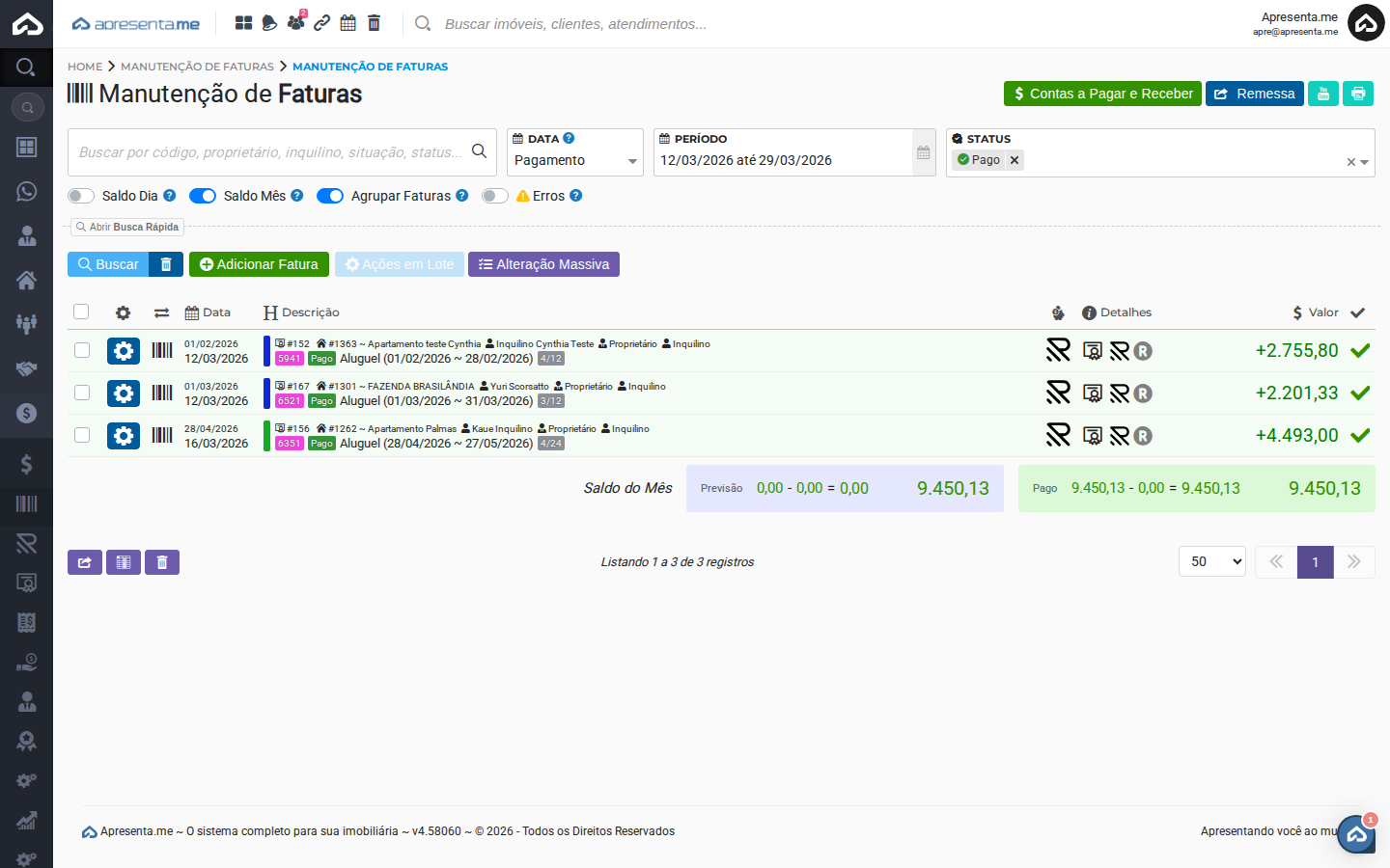 Listagem de faturas pagas
