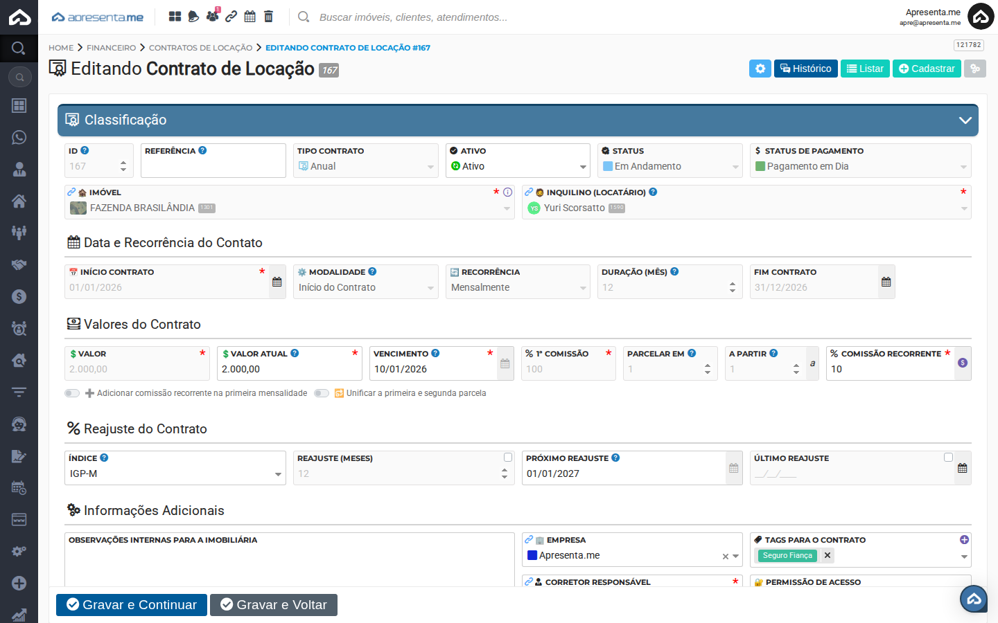 Aba de Classificação do contrato de locação