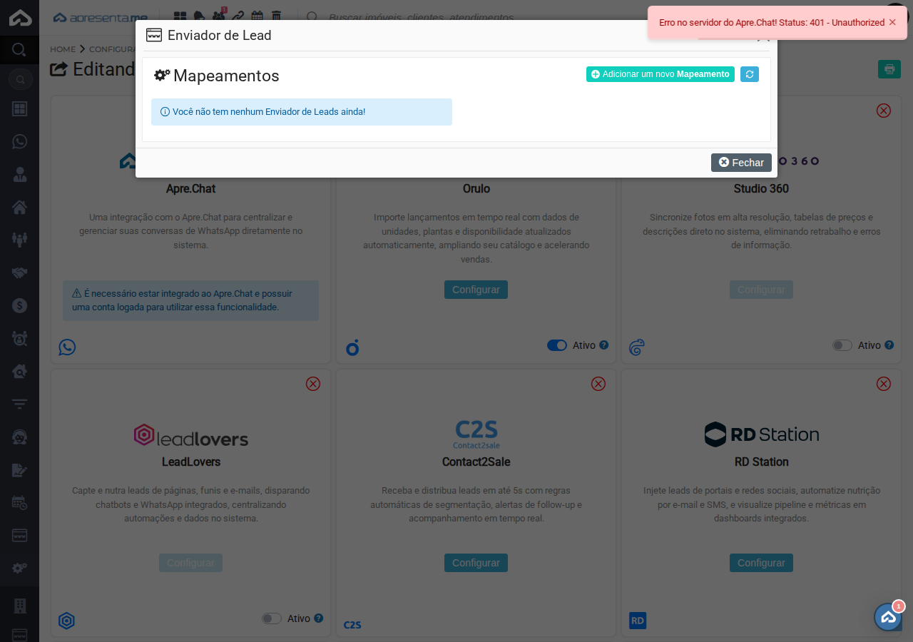 Lista de mapeamentos do Enviador de Leads