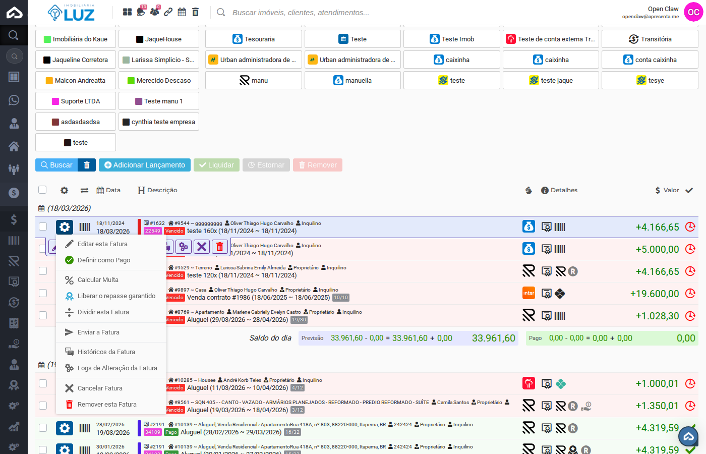 Menu de ações com opção Remover esta Fatura