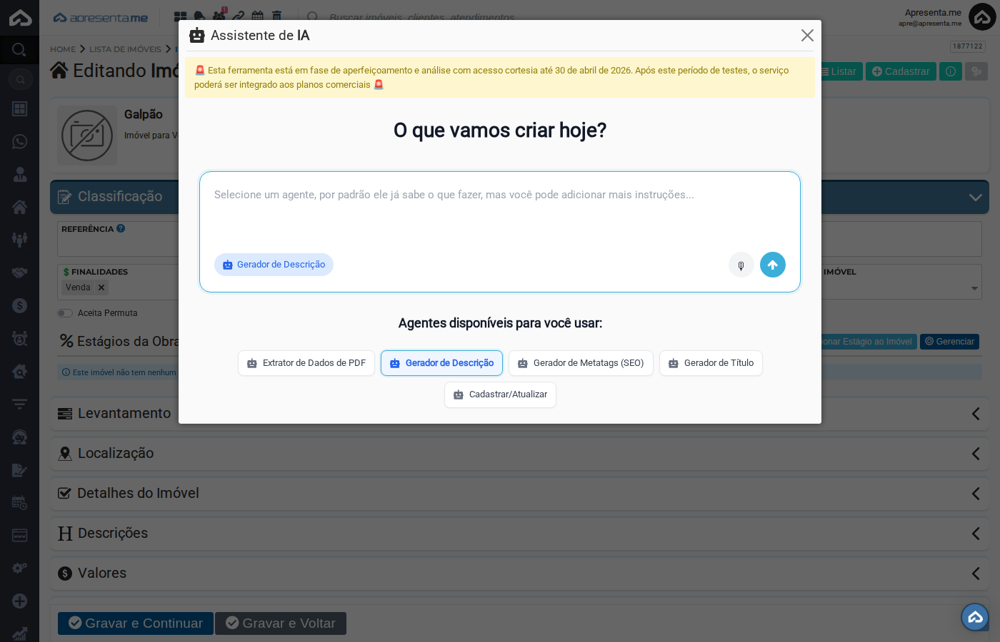 Agente Gerador de Descrição selecionado no painel de IA