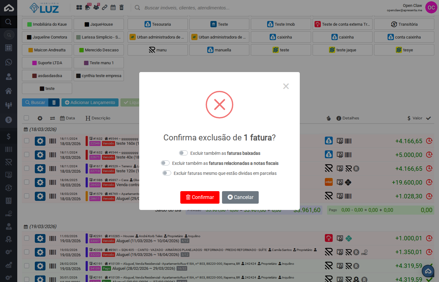 Janela de confirmação de exclusão