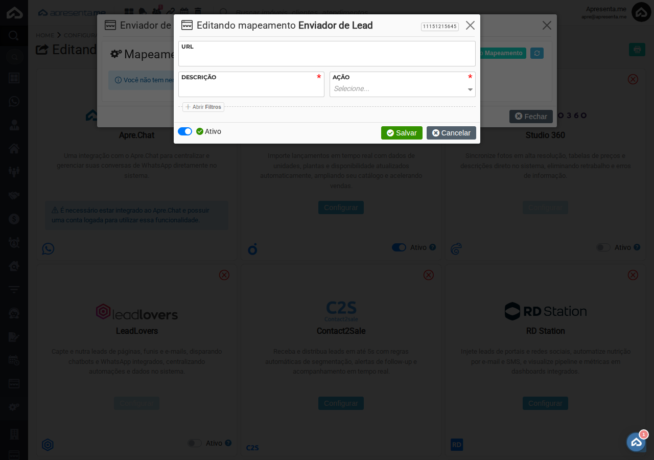 Formulário de mapeamento do Enviador de Leads