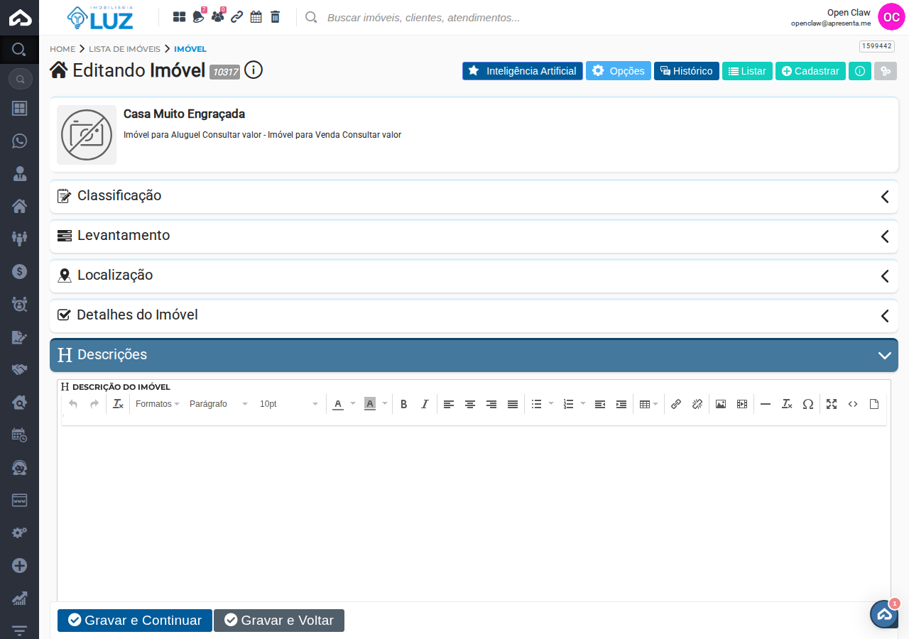 Seção Descrições do imóvel com editor de texto