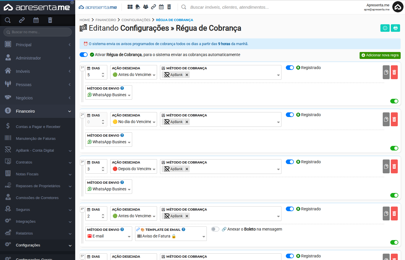 Tela da Régua de Cobrança — toggle e primeiras regras