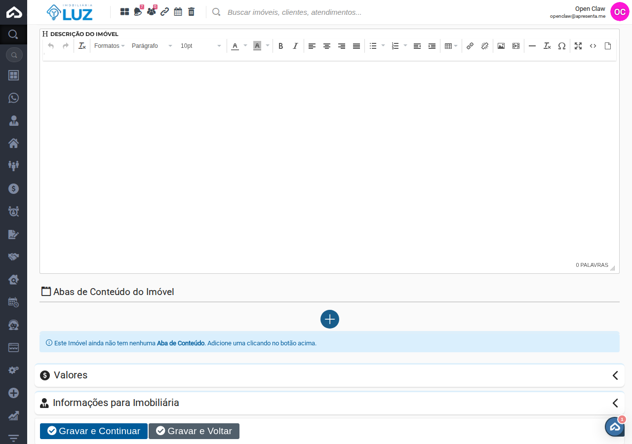 Editor de texto na seção Descrições com contador de palavras