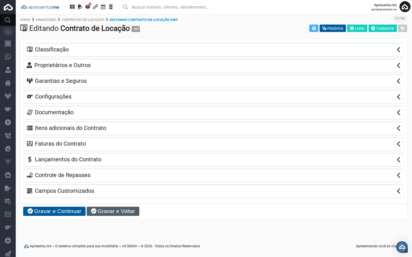Aba Financeiro do contrato de locação