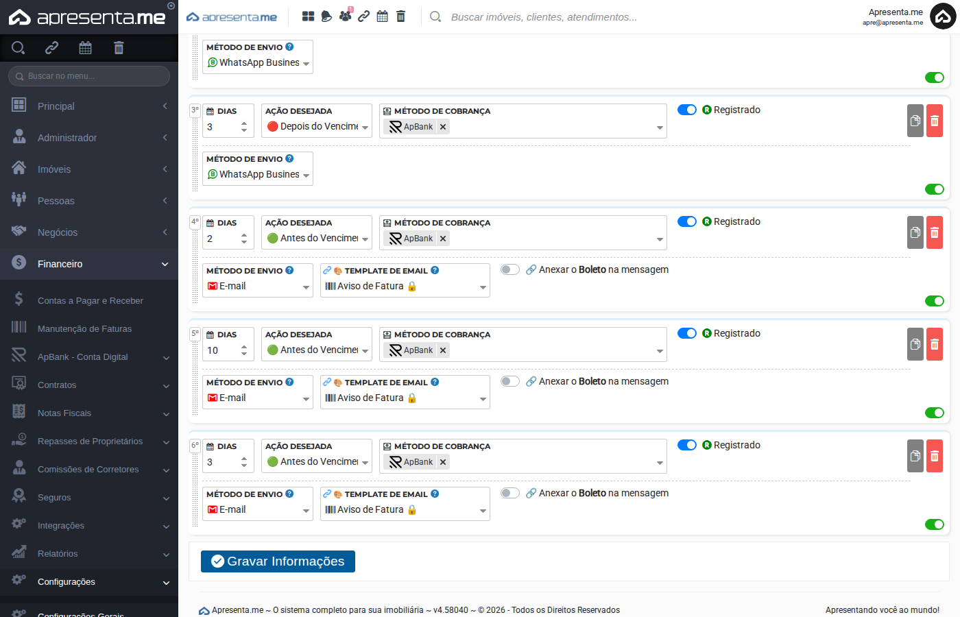 Régua de Cobrança — regras intermediárias
