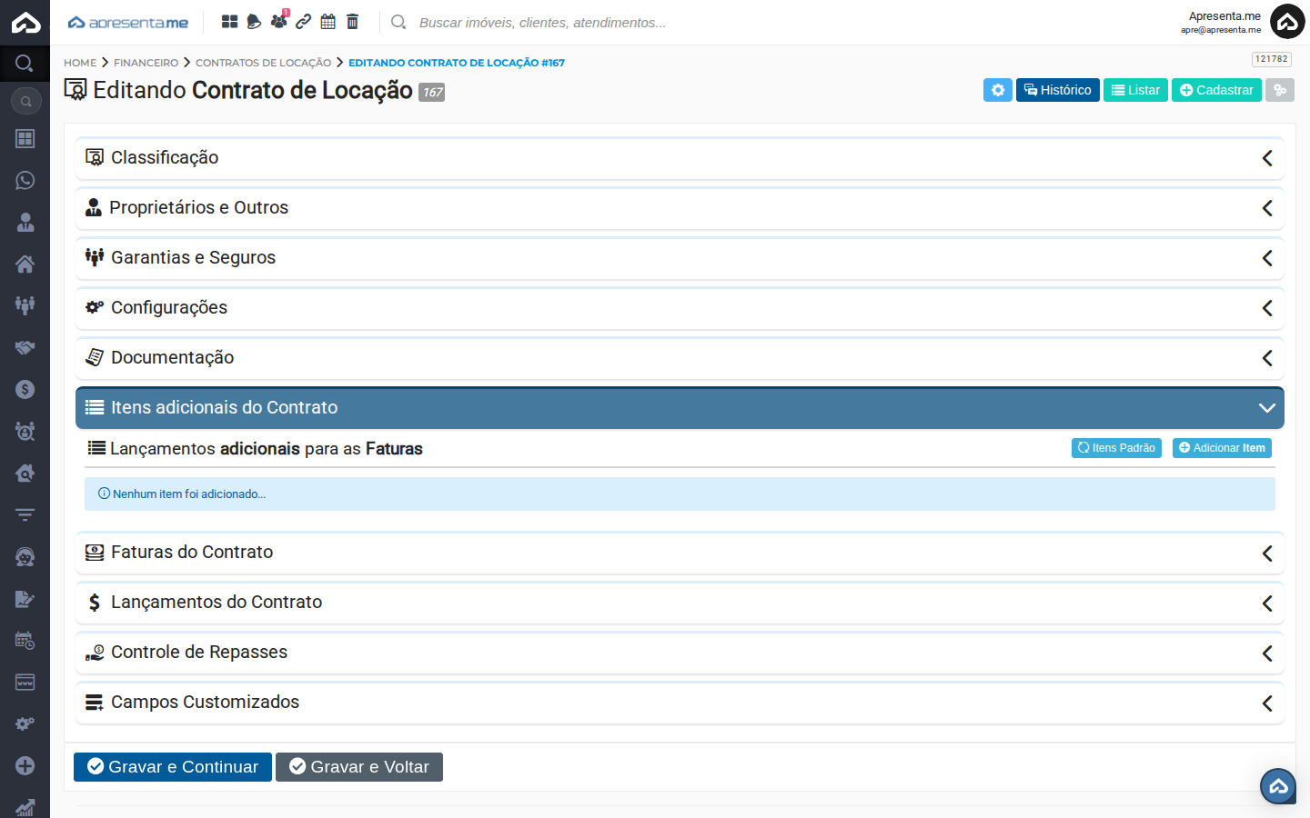 Aba Itens do contrato de locação
