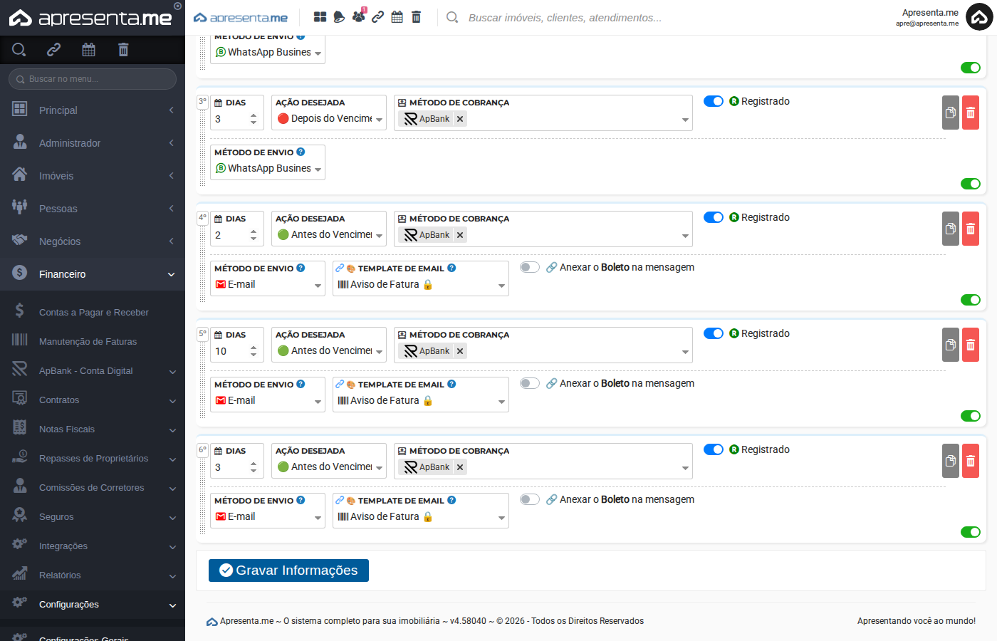 Régua de Cobrança — últimas regras e botão Gravar