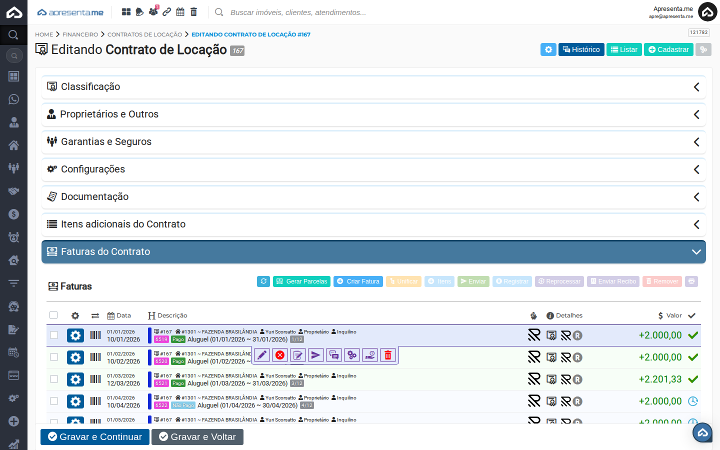 Aba Faturas do contrato de locação