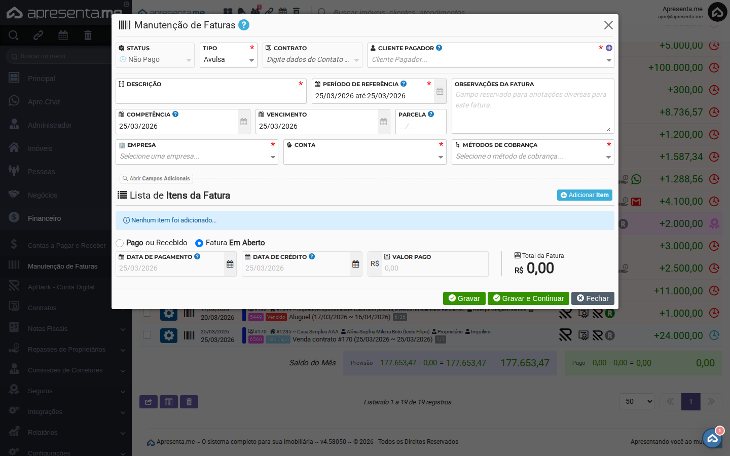 Campos adicionais da fatura