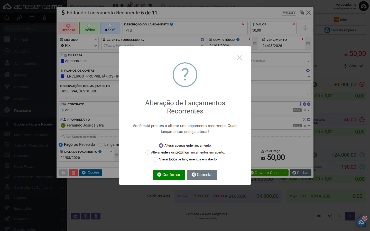 Confirmação da alteração