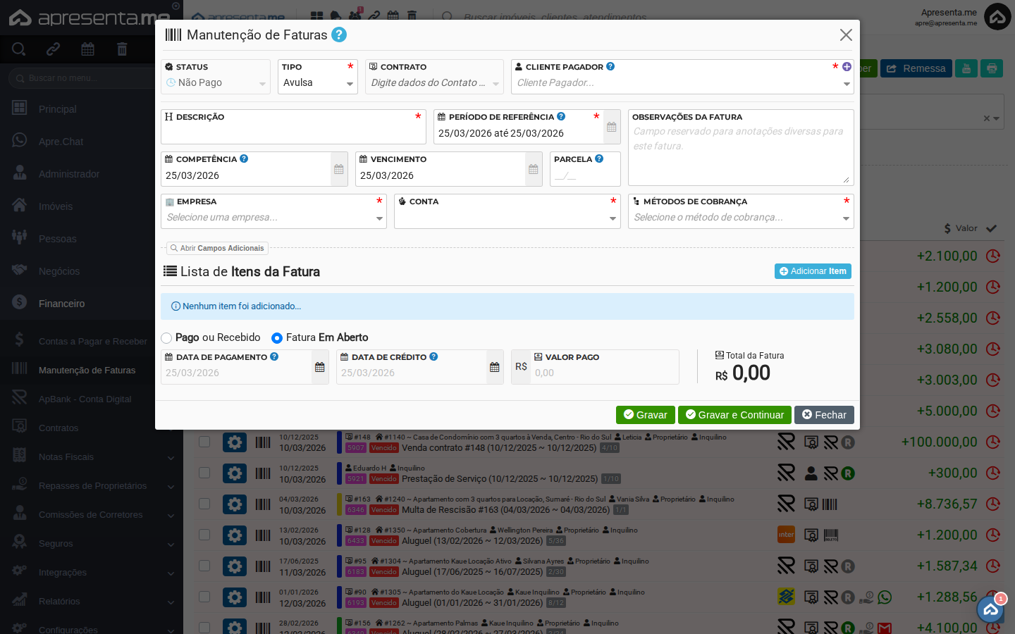 Formulário de nova fatura