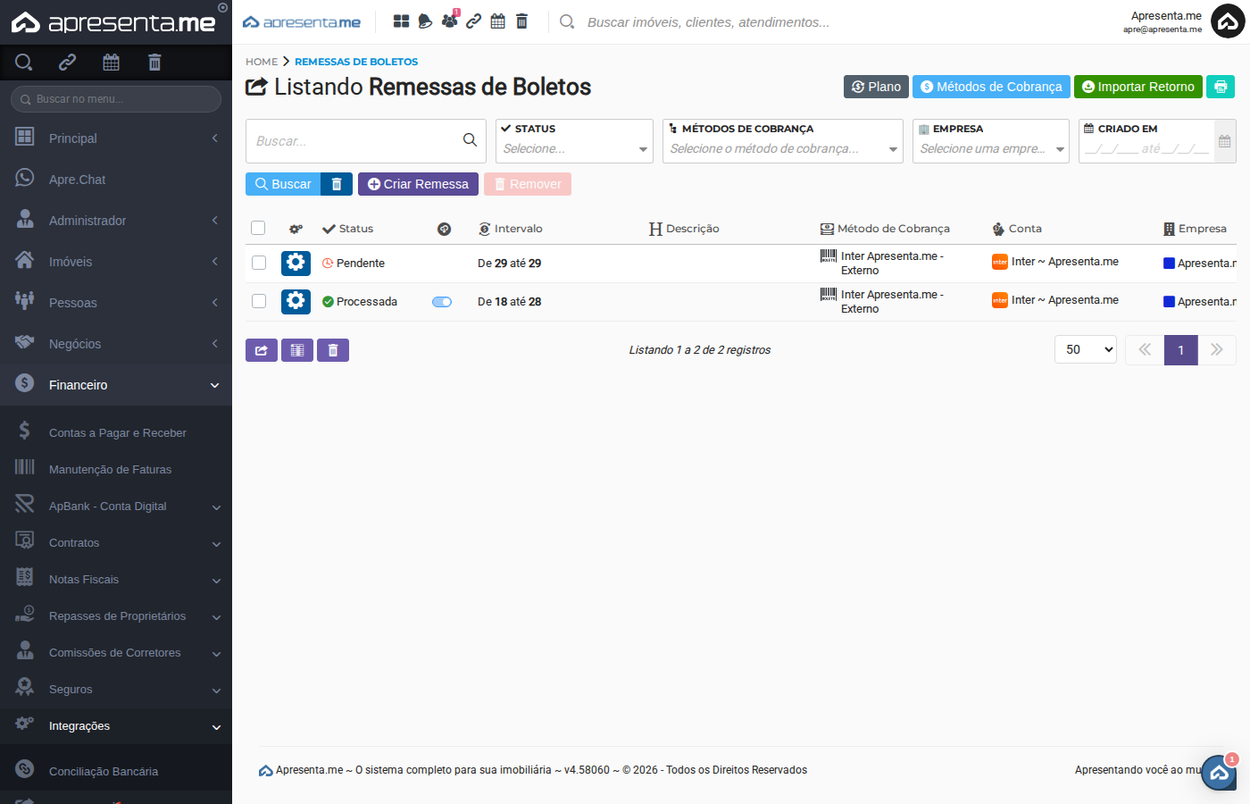 Confirmação de importação no banco
