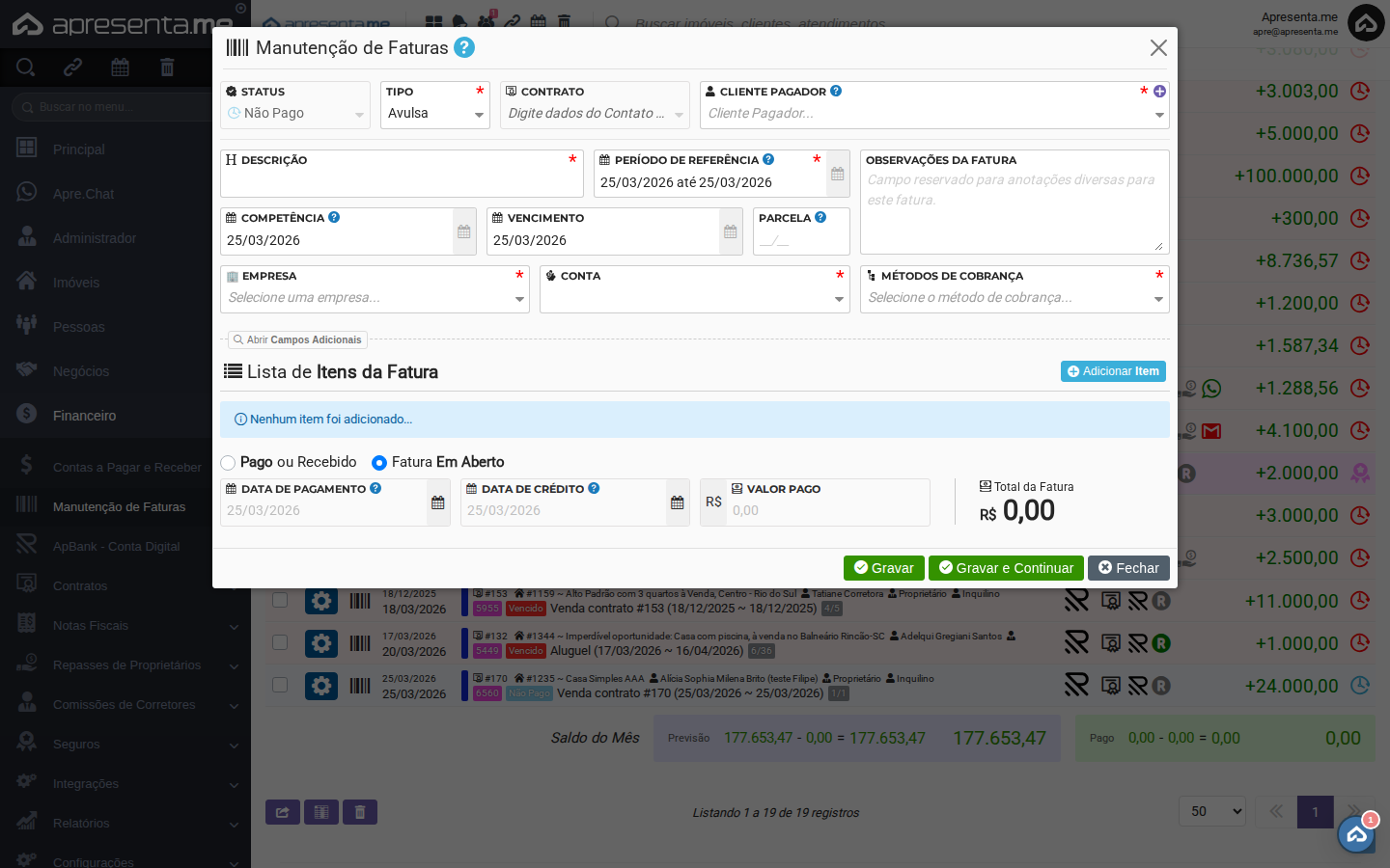 Seção de itens da fatura
