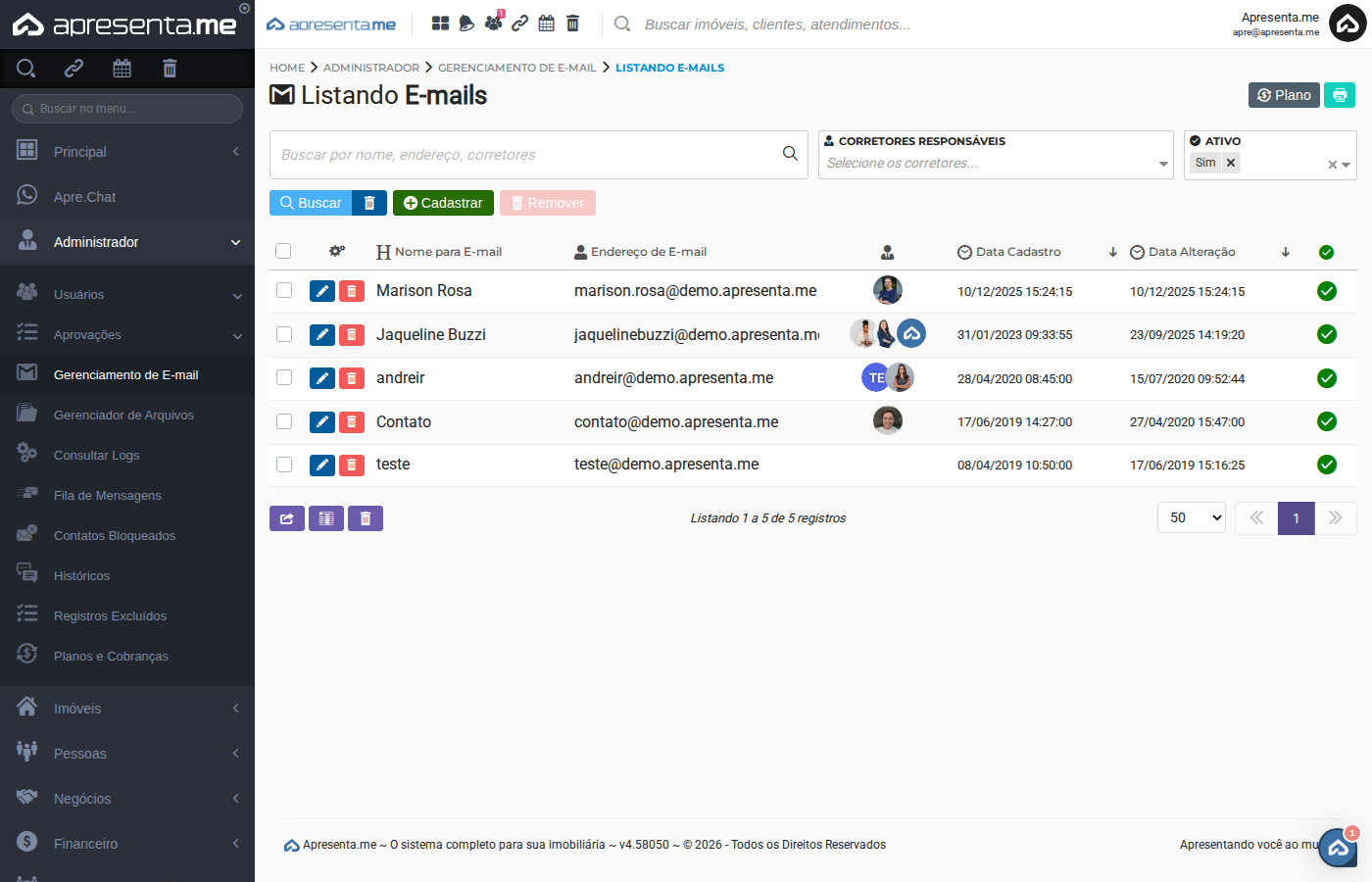 Listagem de e-mails cadastrados