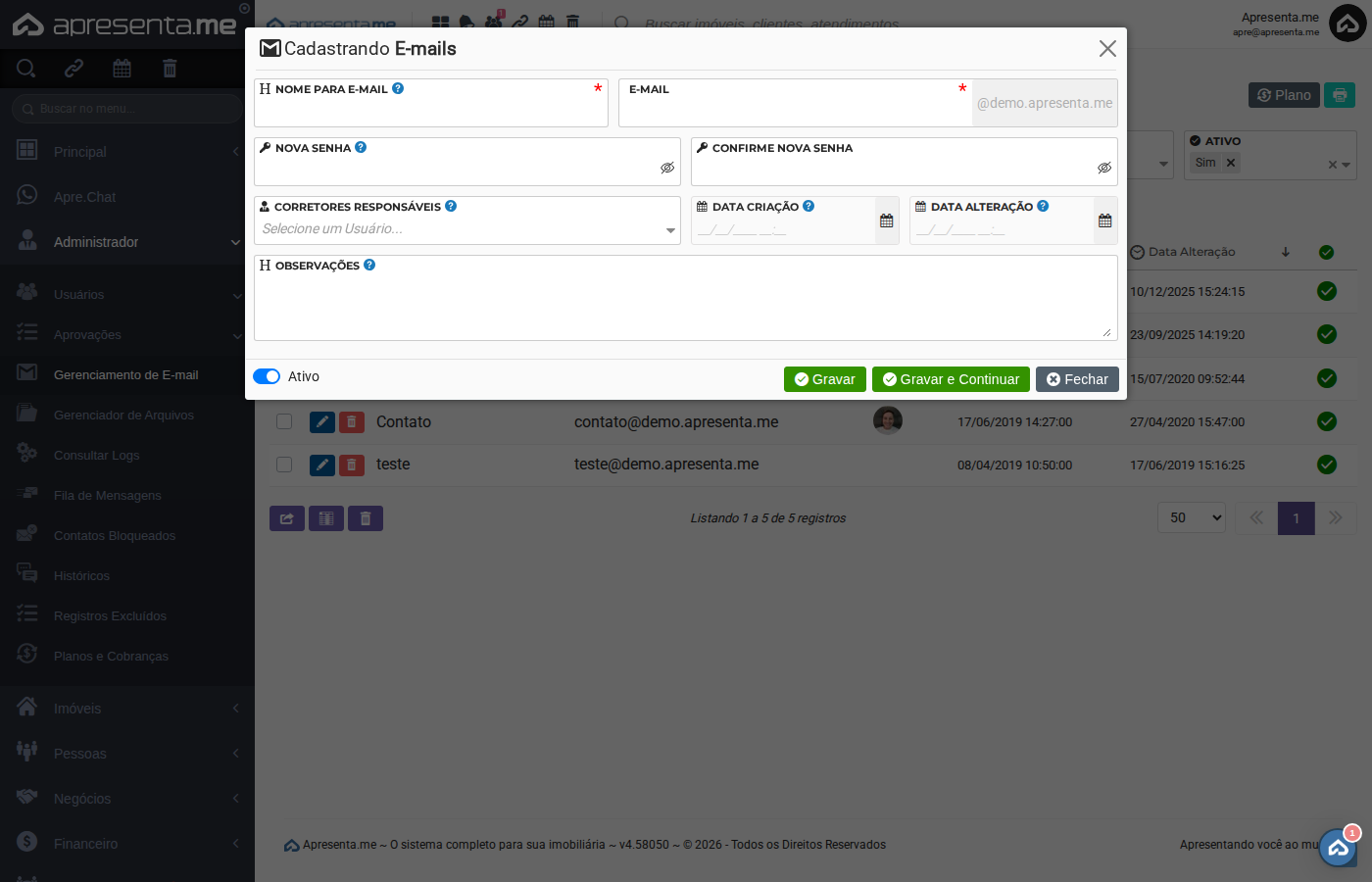 Formulário de cadastro de e-mail