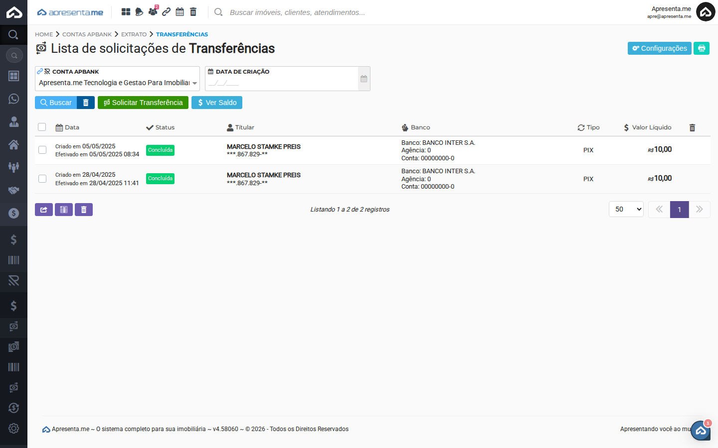 Listagem de solicitações de transferências