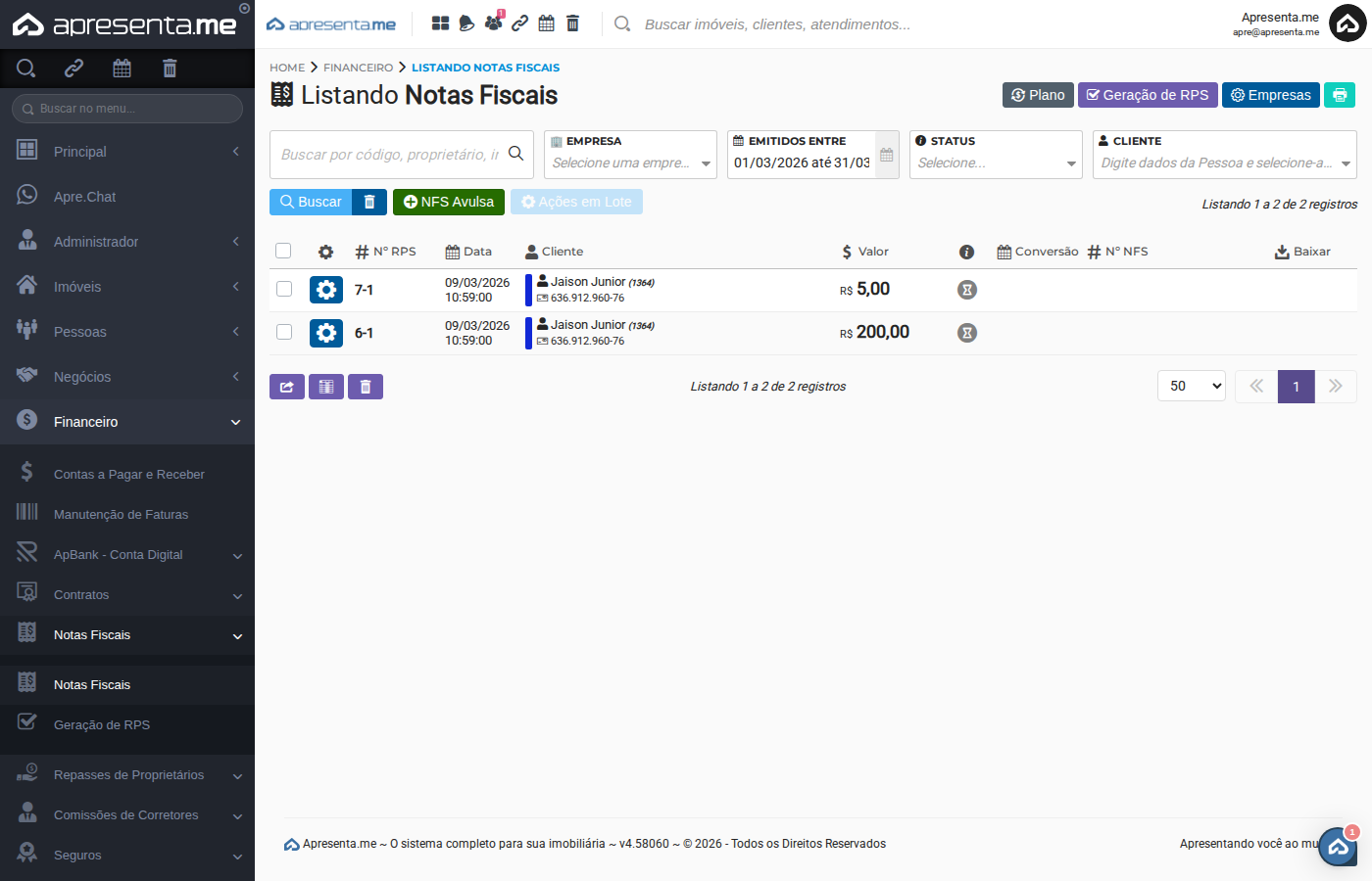 Status das Notas Fiscais