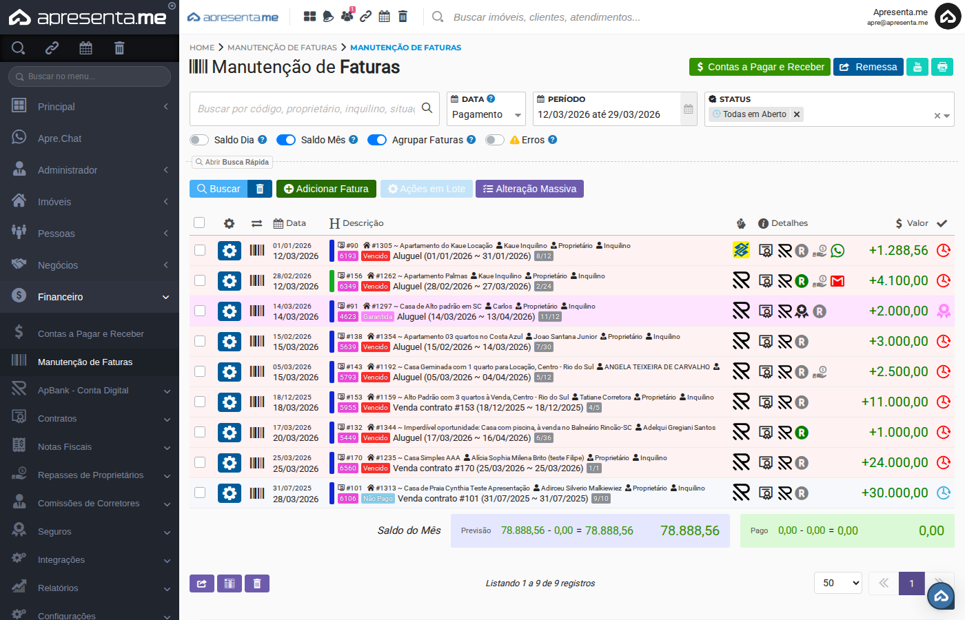 Fatura criada na listagem