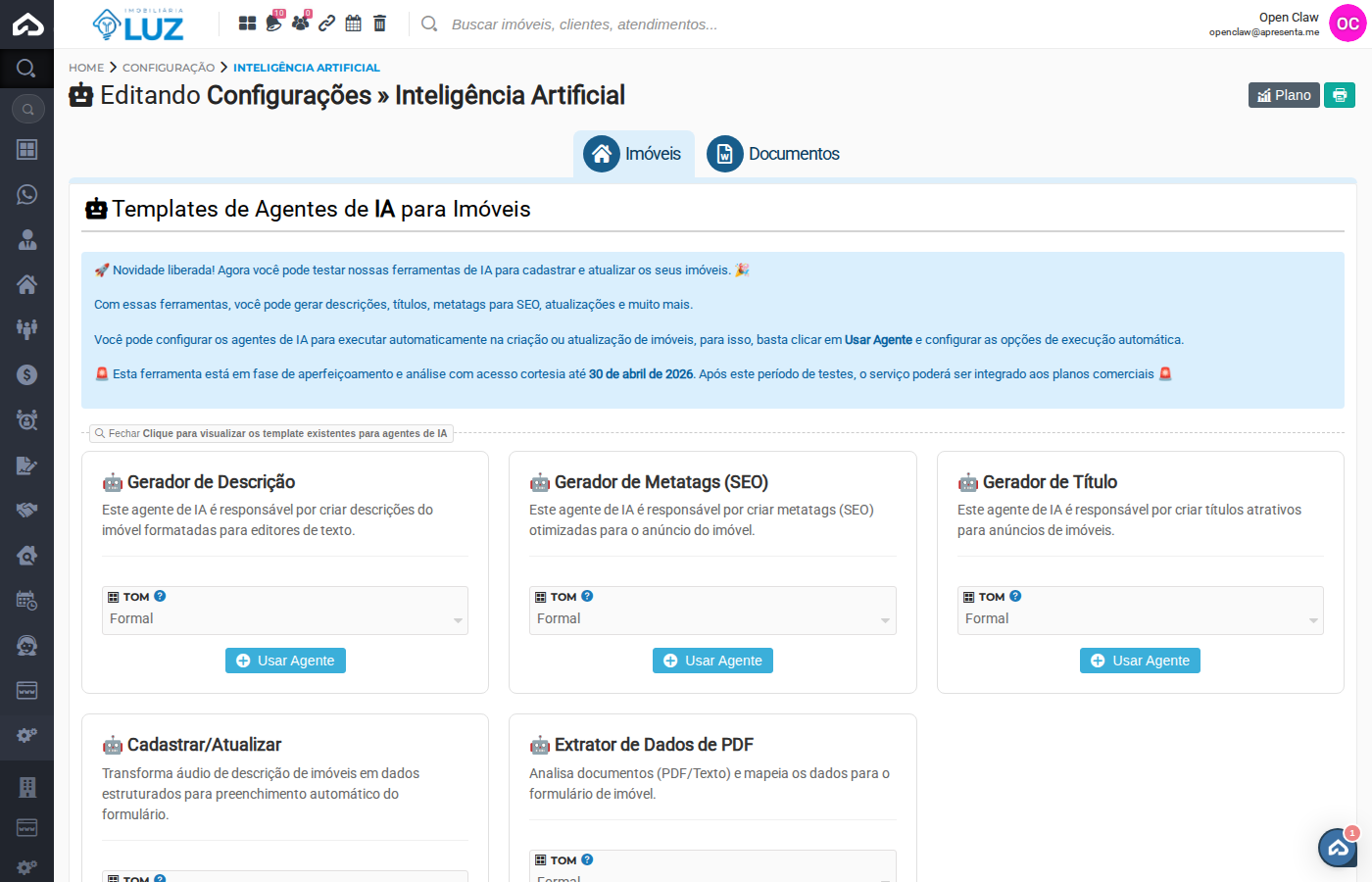 Templates de agentes disponíveis