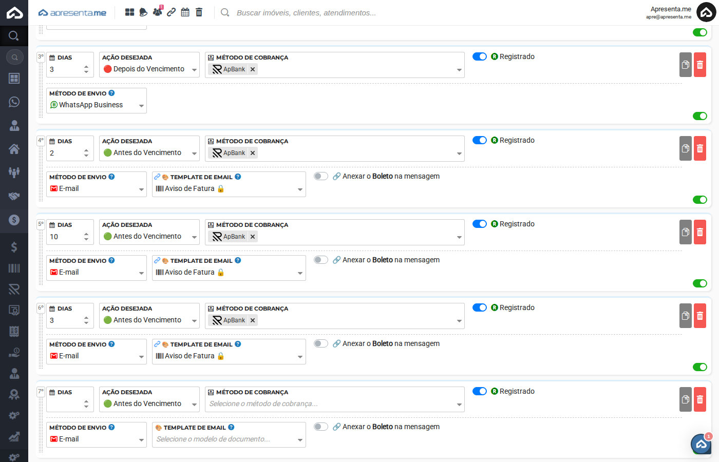 Campos de envio da regra — método e template