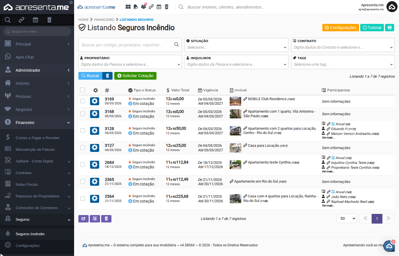 Listagem de Seguros Incêndio