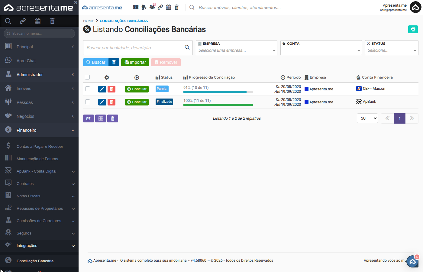 Listagem de conciliações bancárias