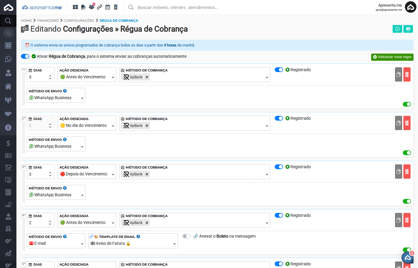 Tela principal da Régua de Cobrança
