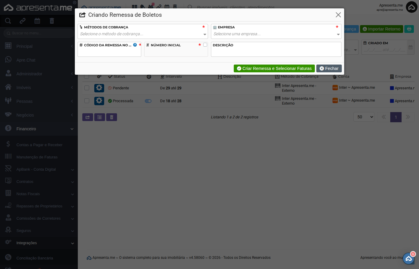 Formulário de criação de remessa