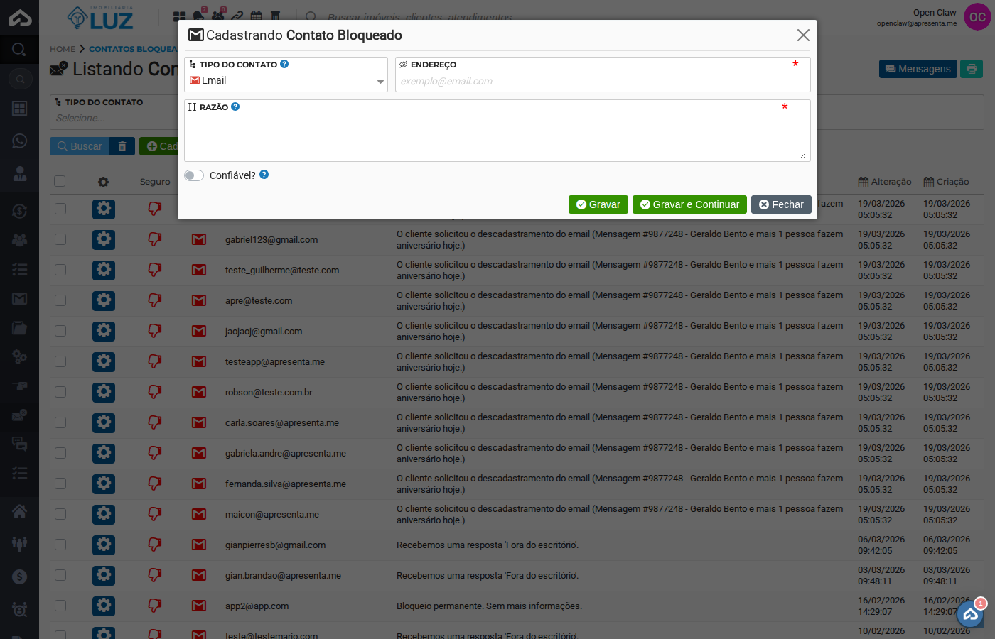 Formulário de cadastro de contato bloqueado