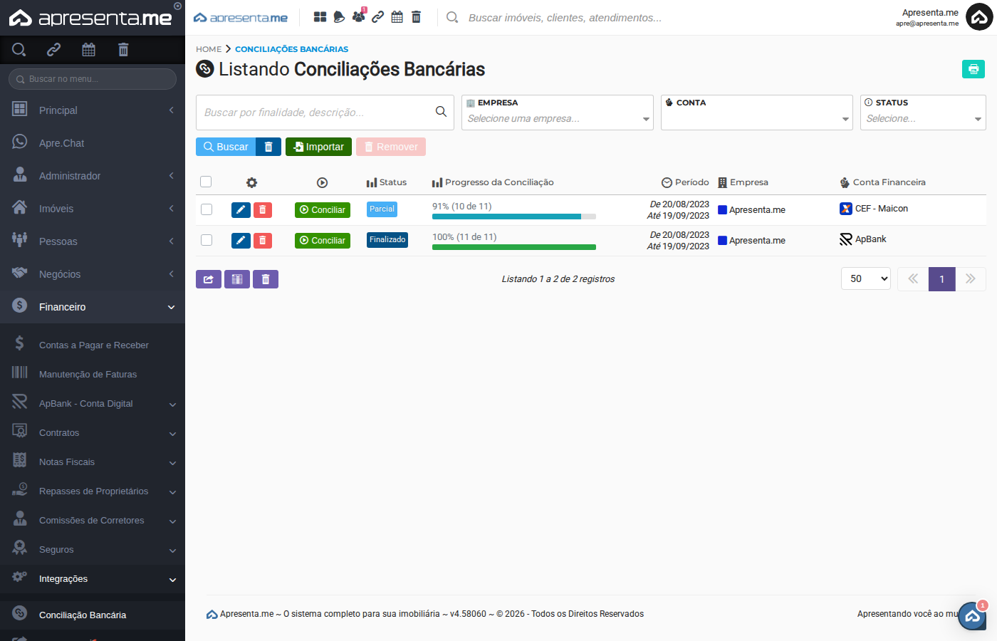 Status das conciliações