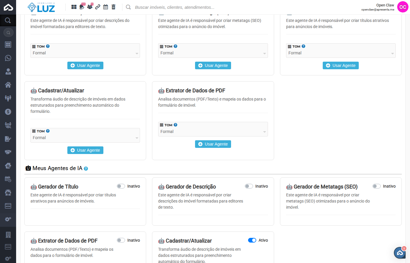 Configurações de um agente ativado