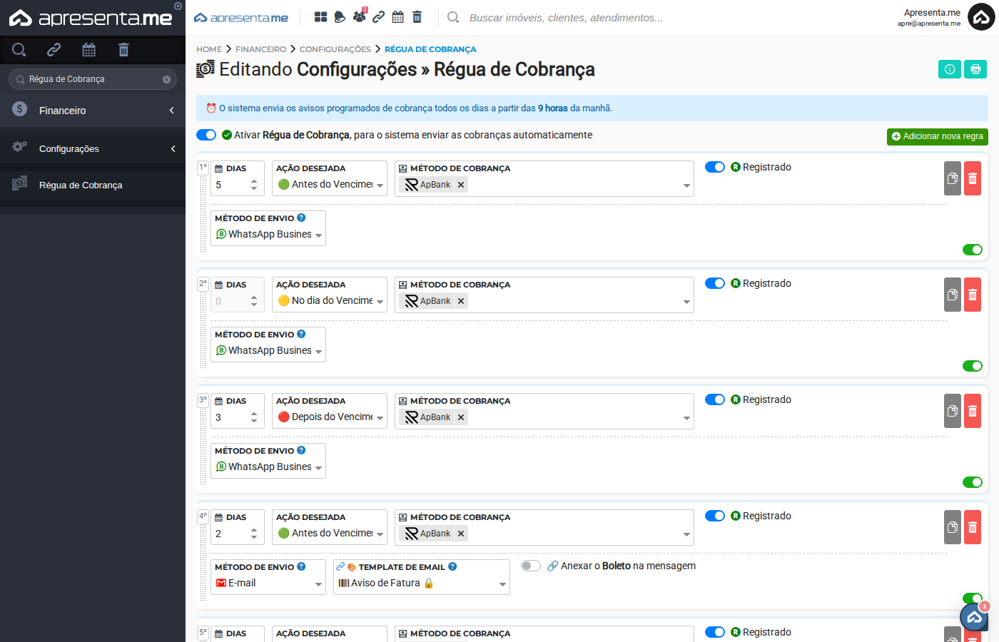 Tela principal da Régua de Cobrança