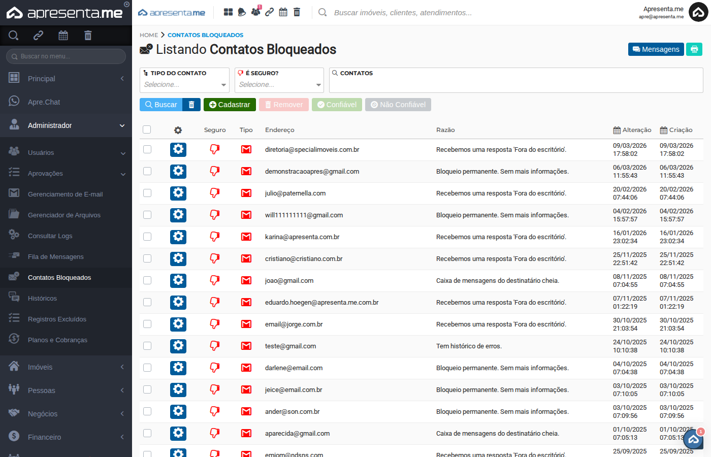 Lista de contatos com razões de bloqueio