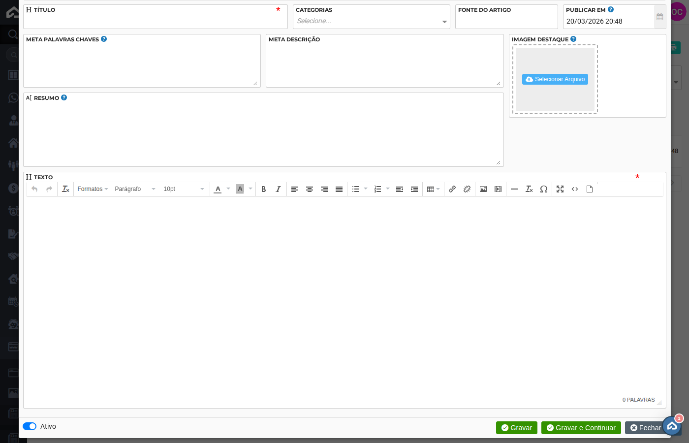 Formulário de cadastro de artigo - continuação