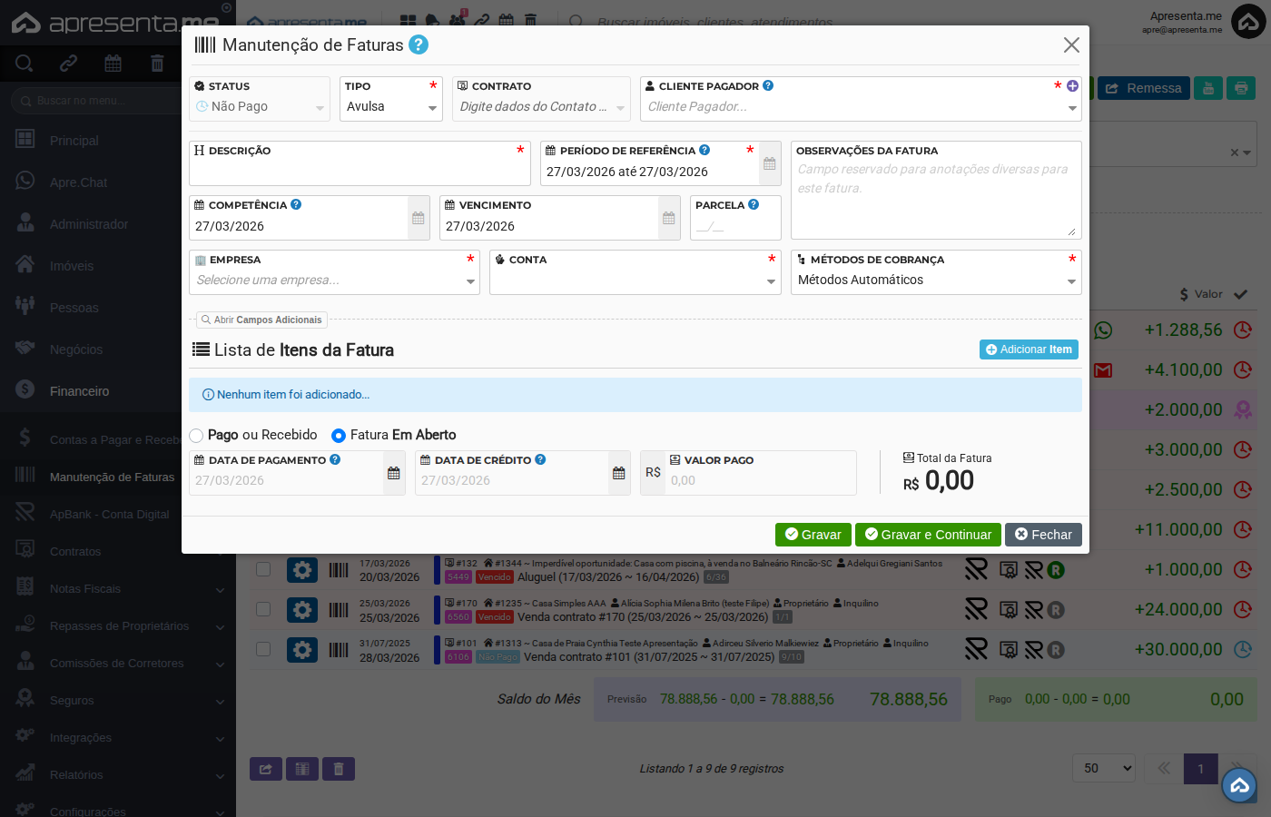 Seção de itens de lançamento na fatura