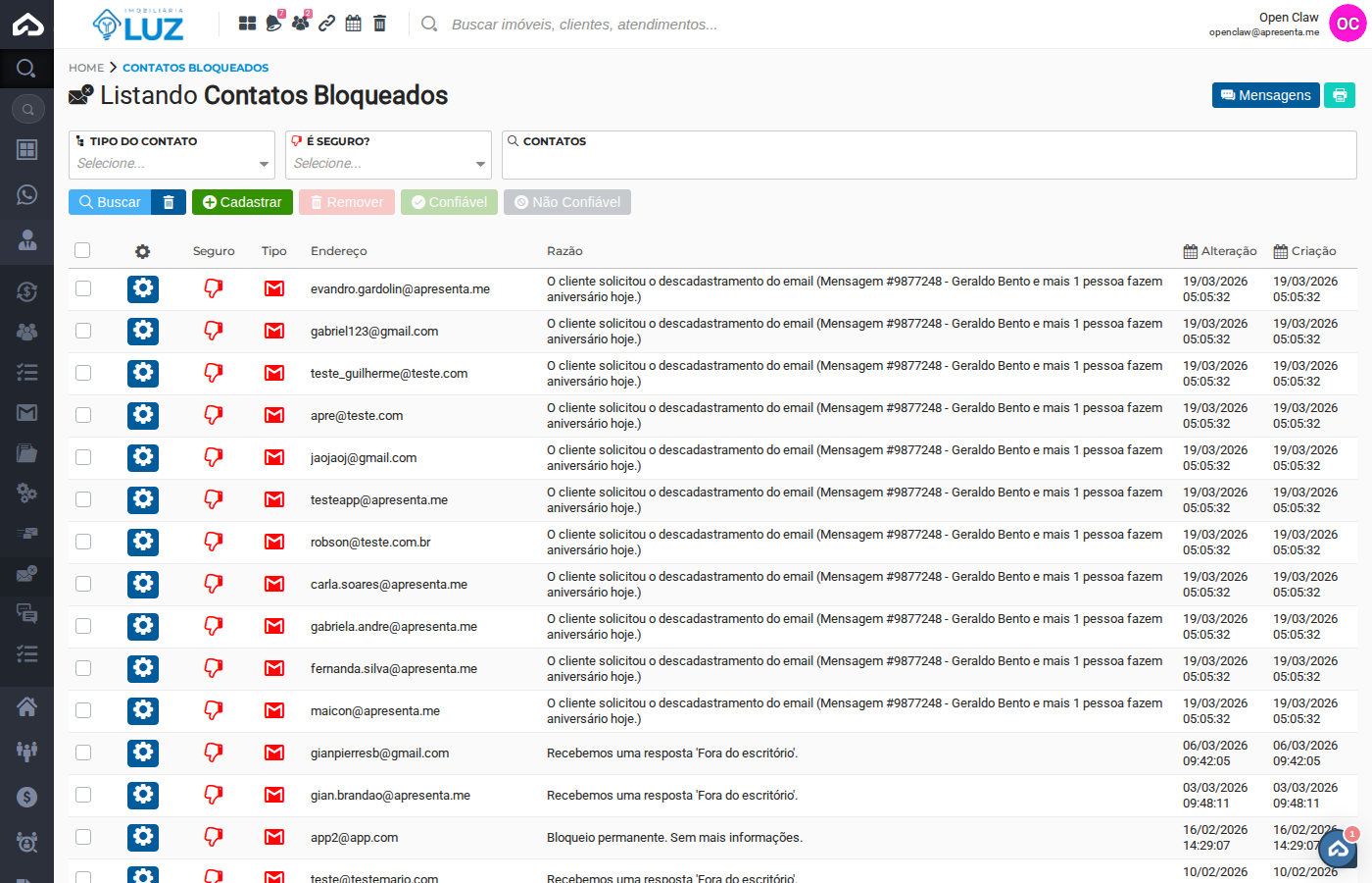 Lista de contatos bloqueados