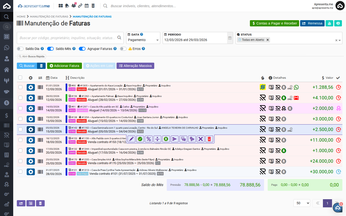 Listagem de faturas com fatura vencida