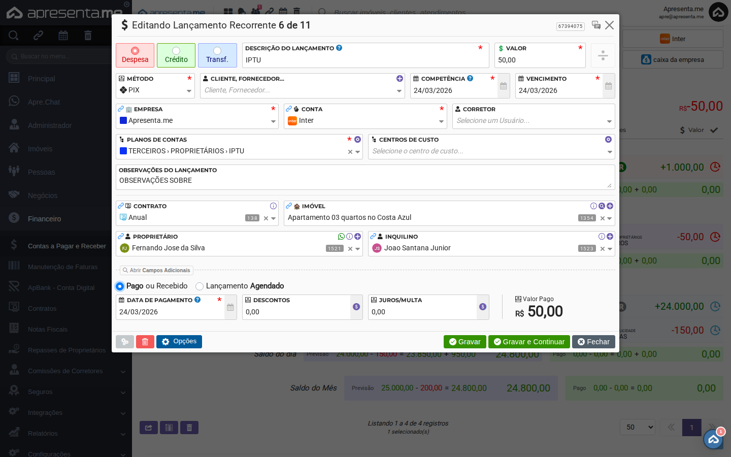 Campos de pagamento habilitados e preenchidos
