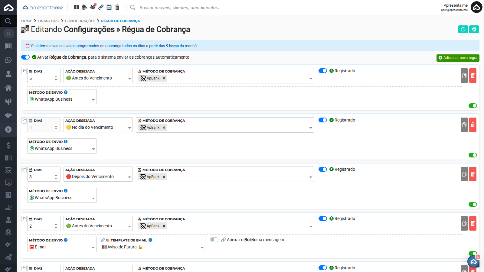 Toggle Ativar Régua de Cobrança na tela principal