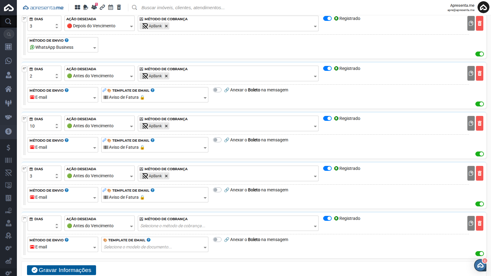 Campos de filtro de faturas e configuração do método de envio