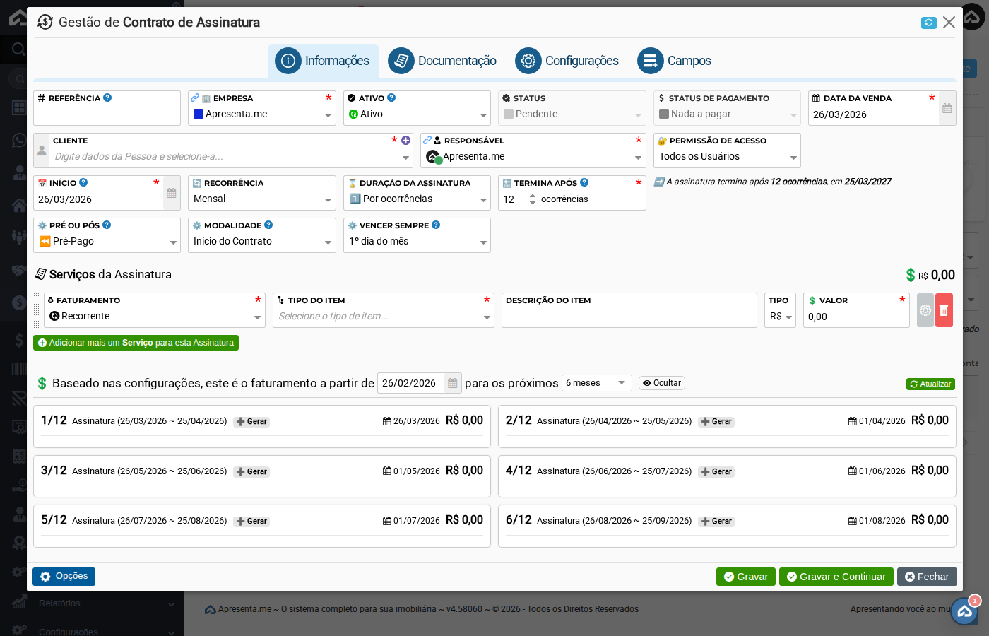 Formulário de contrato de assinatura
