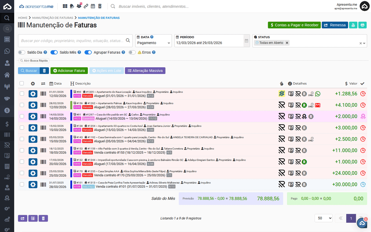 Navegação: Financeiro > Manutenção de Faturas