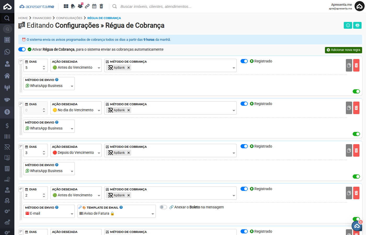 Campos de configuração de uma regra