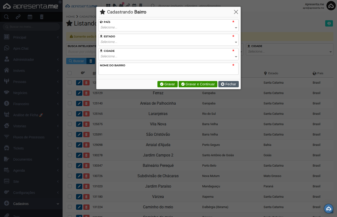 Formulário de cadastro de bairro