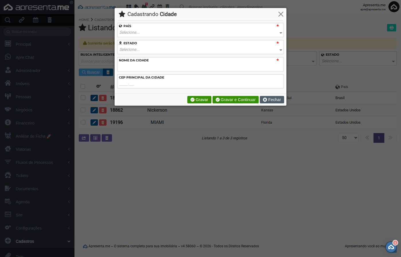 Formulário de cadastro de cidade